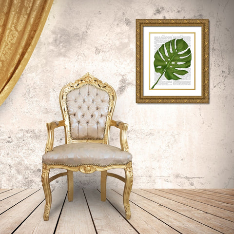 Monstera Leaf 1, Green on White Gold Ornate Wood Framed Art Print with Double Matting by Fab Funky