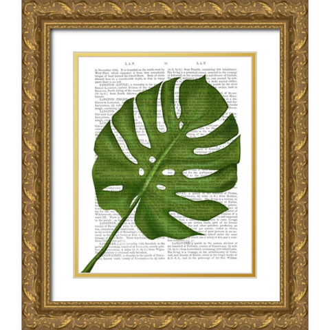 Monstera Leaf 1, Green on White Gold Ornate Wood Framed Art Print with Double Matting by Fab Funky