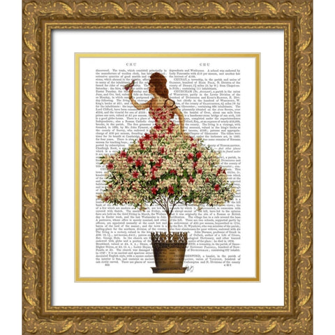 Woman in Floral Dress Gold Ornate Wood Framed Art Print with Double Matting by Fab Funky