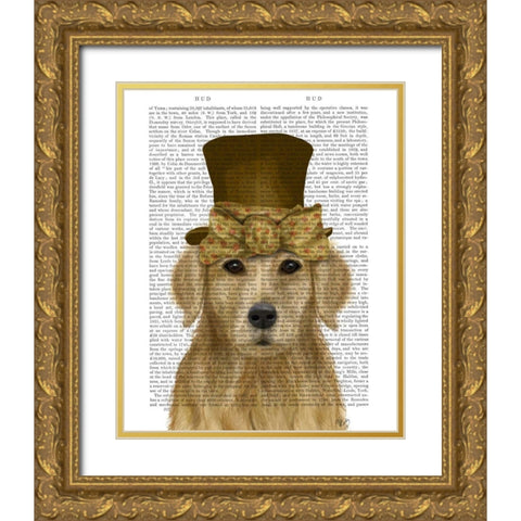 Golden Retriever, Hat and Bow Gold Ornate Wood Framed Art Print with Double Matting by Fab Funky