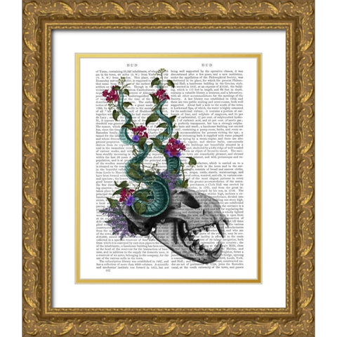 Skull with Blue Horns Gold Ornate Wood Framed Art Print with Double Matting by Fab Funky