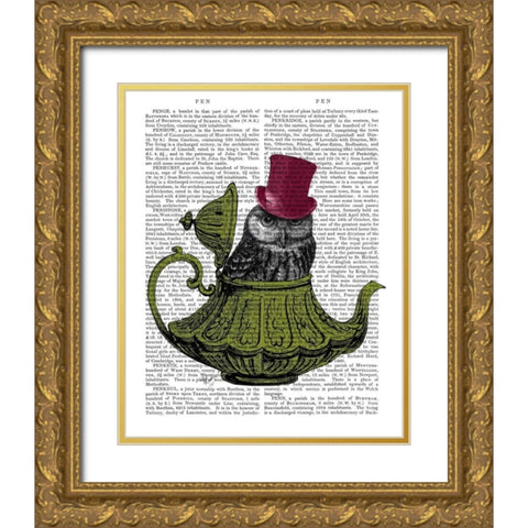 Owl In Teapot Gold Ornate Wood Framed Art Print with Double Matting by Fab Funky