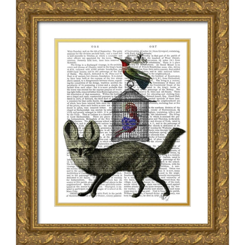 Fox With Birdcage Gold Ornate Wood Framed Art Print with Double Matting by Fab Funky
