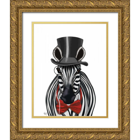 Zebra with Top Hat and Bow Tie 2, Forwards Gold Ornate Wood Framed Art Print with Double Matting by Fab Funky