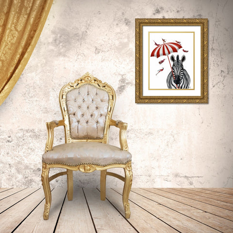 Zebra with Umbrella 2, Forward Gold Ornate Wood Framed Art Print with Double Matting by Fab Funky