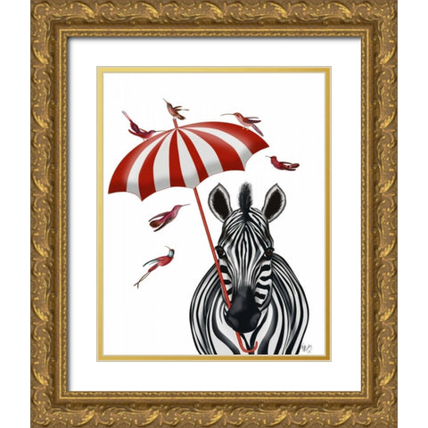 Zebra with Umbrella 2, Forward Gold Ornate Wood Framed Art Print with Double Matting by Fab Funky