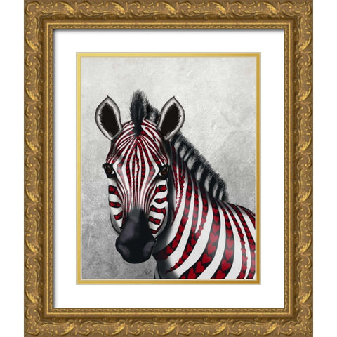 Zebra, Red Love Hearts Gold Ornate Wood Framed Art Print with Double Matting by Fab Funky
