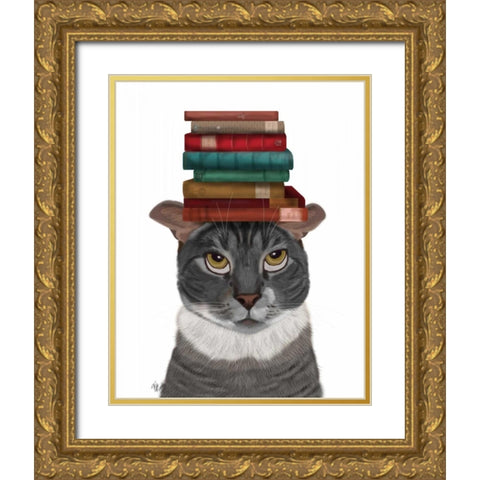 Grey Cat with Books on Head Gold Ornate Wood Framed Art Print with Double Matting by Fab Funky