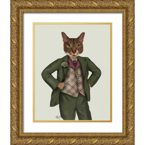 Cat in Tartan Waistcoat Gold Ornate Wood Framed Art Print with Double Matting by Fab Funky