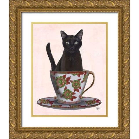 Black Cat in Teacup Gold Ornate Wood Framed Art Print with Double Matting by Fab Funky
