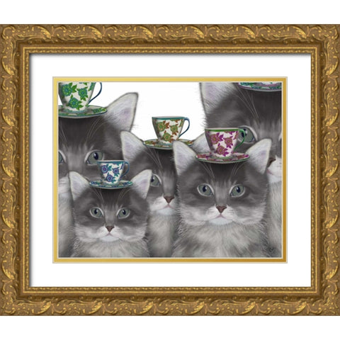 Cat Family Tea Party Gold Ornate Wood Framed Art Print with Double Matting by Fab Funky