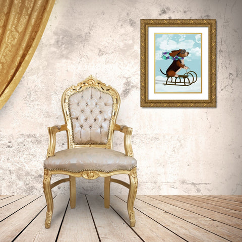 Basset Hound, Sledging Gold Ornate Wood Framed Art Print with Double Matting by Fab Funky