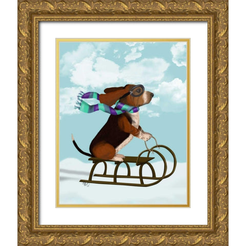 Basset Hound, Sledging Gold Ornate Wood Framed Art Print with Double Matting by Fab Funky