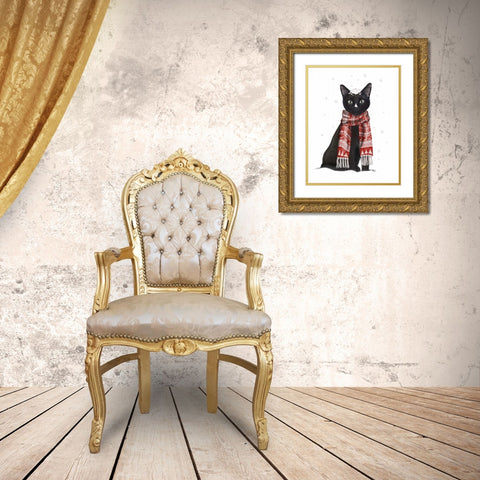 Black Cat, Red Scarf Gold Ornate Wood Framed Art Print with Double Matting by Fab Funky
