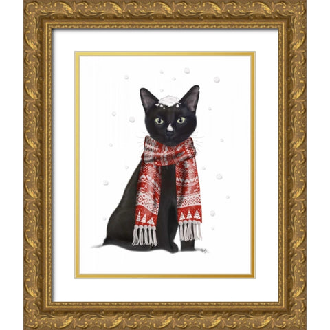 Black Cat, Red Scarf Gold Ornate Wood Framed Art Print with Double Matting by Fab Funky
