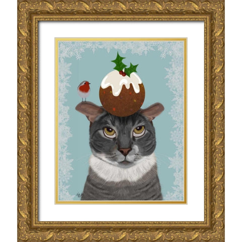 Grey Cat and Christmas Pudding Gold Ornate Wood Framed Art Print with Double Matting by Fab Funky