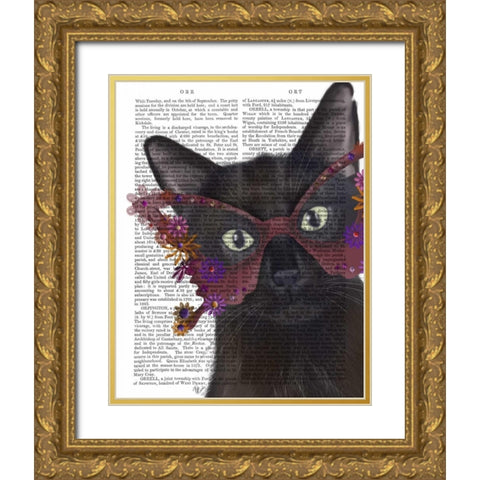 Cat and Flower Glasses Gold Ornate Wood Framed Art Print with Double Matting by Fab Funky