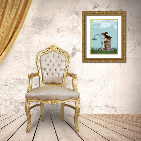 Basset Hound Scooter Gold Ornate Wood Framed Art Print with Double Matting by Fab Funky