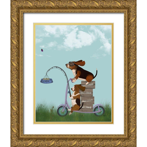 Basset Hound Scooter Gold Ornate Wood Framed Art Print with Double Matting by Fab Funky