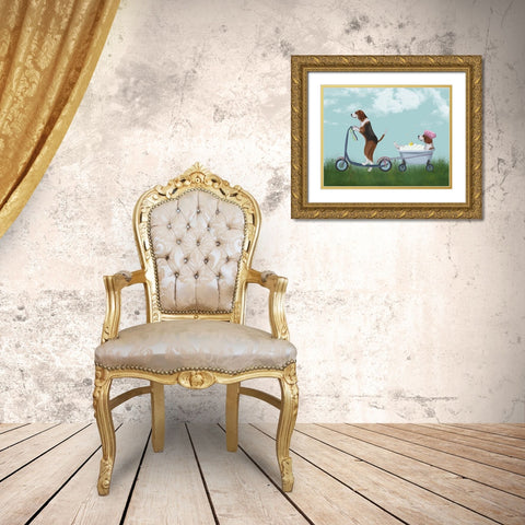 Beagle Scooter Gold Ornate Wood Framed Art Print with Double Matting by Fab Funky