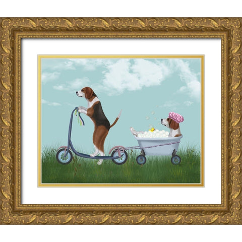 Beagle Scooter Gold Ornate Wood Framed Art Print with Double Matting by Fab Funky