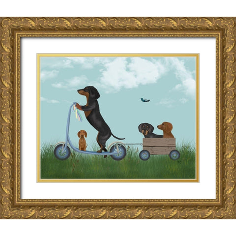 Dachshund Scooter Gold Ornate Wood Framed Art Print with Double Matting by Fab Funky