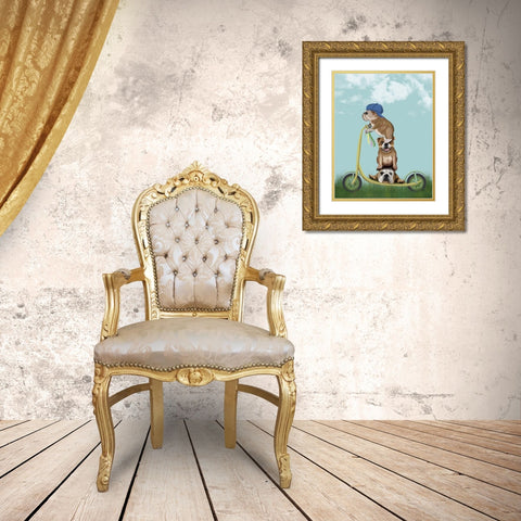 English Bulldog Scooter Gold Ornate Wood Framed Art Print with Double Matting by Fab Funky