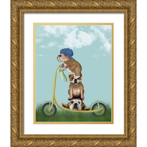 English Bulldog Scooter Gold Ornate Wood Framed Art Print with Double Matting by Fab Funky