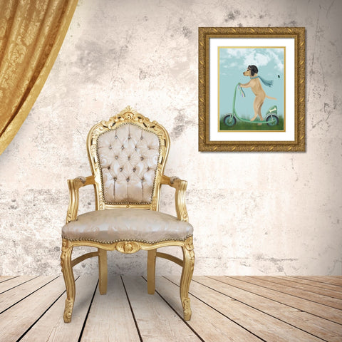 Yellow Labrador Scooter Gold Ornate Wood Framed Art Print with Double Matting by Fab Funky