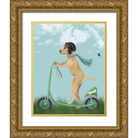 Yellow Labrador Scooter Gold Ornate Wood Framed Art Print with Double Matting by Fab Funky