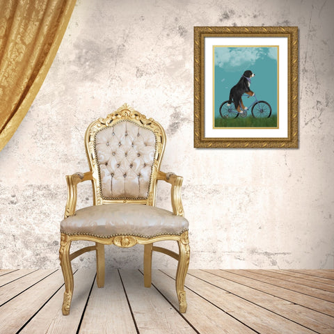 Bernese on Bicycle - Sky Gold Ornate Wood Framed Art Print with Double Matting by Fab Funky