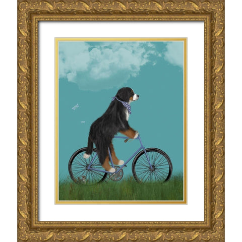 Bernese on Bicycle - Sky Gold Ornate Wood Framed Art Print with Double Matting by Fab Funky