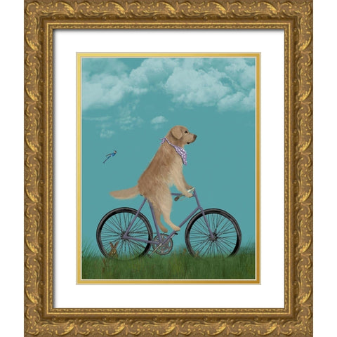 Golden Retriever Bicycle Gold Ornate Wood Framed Art Print with Double Matting by Fab Funky