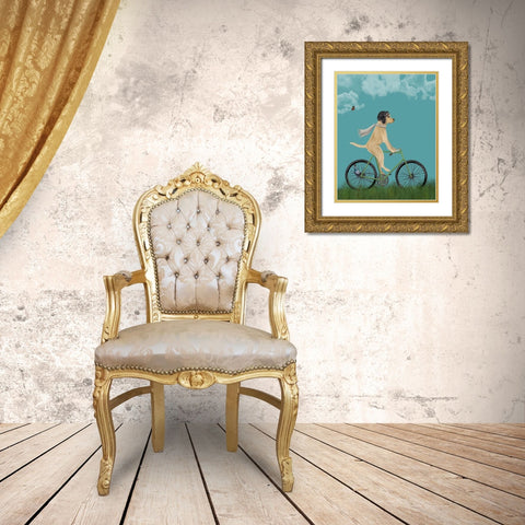 Yellow Labrador in Flying Helmet on Bicycle, Sky Gold Ornate Wood Framed Art Print with Double Matting by Fab Funky