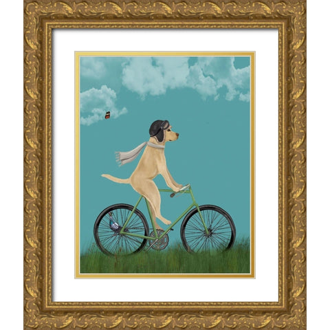 Yellow Labrador in Flying Helmet on Bicycle, Sky Gold Ornate Wood Framed Art Print with Double Matting by Fab Funky