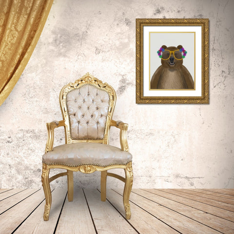 Bear and Flower Glasses Gold Ornate Wood Framed Art Print with Double Matting by Fab Funky
