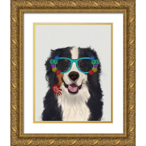 Bernese and Flower Glasses Gold Ornate Wood Framed Art Print with Double Matting by Fab Funky