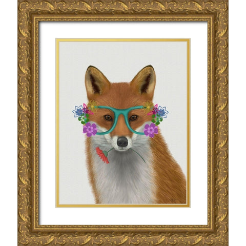 Fox and Flower Glasses Gold Ornate Wood Framed Art Print with Double Matting by Fab Funky