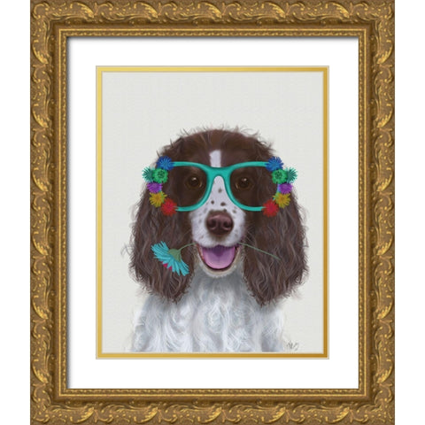 Springer Spaniel and Flower Glasses Gold Ornate Wood Framed Art Print with Double Matting by Fab Funky