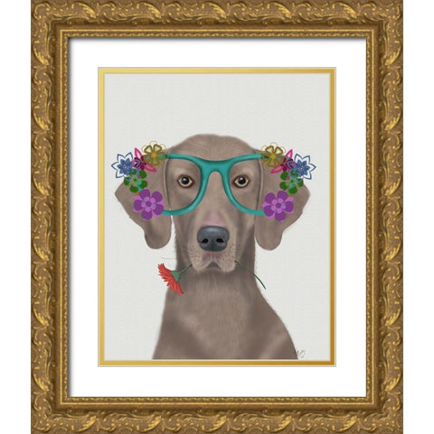 Weimaraner and Flower Glasses Gold Ornate Wood Framed Art Print with Double Matting by Fab Funky