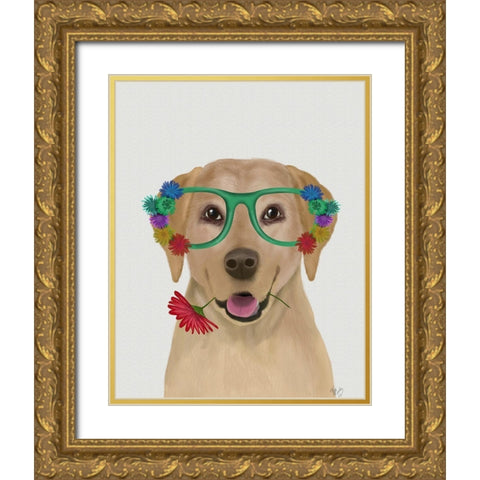 Yellow Labrador and Flower Glasses Gold Ornate Wood Framed Art Print with Double Matting by Fab Funky