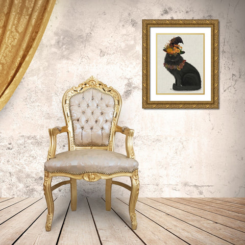 Black Cat with Autumn Hat, Full Gold Ornate Wood Framed Art Print with Double Matting by Fab Funky