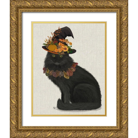 Black Cat with Autumn Hat, Full Gold Ornate Wood Framed Art Print with Double Matting by Fab Funky
