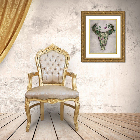 Cow Skull and Passion Flowers Gold Ornate Wood Framed Art Print with Double Matting by Fab Funky