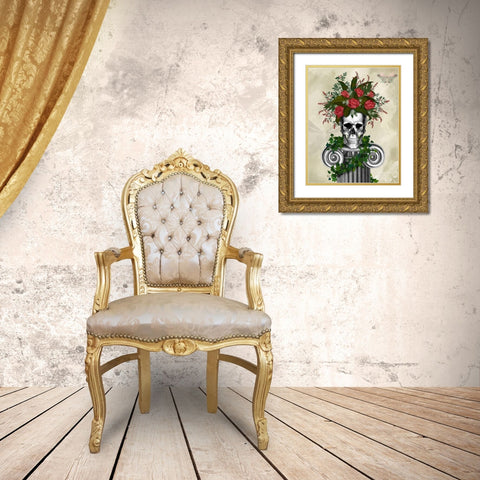 Skull with Roses and Berries Gold Ornate Wood Framed Art Print with Double Matting by Fab Funky