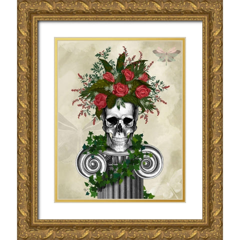 Skull with Roses and Berries Gold Ornate Wood Framed Art Print with Double Matting by Fab Funky
