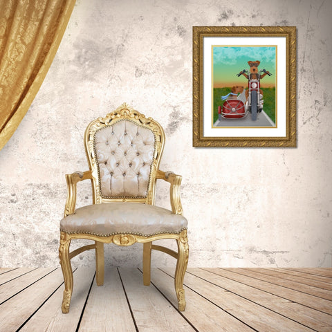 Airedale Chopper and Sidecar Gold Ornate Wood Framed Art Print with Double Matting by Fab Funky