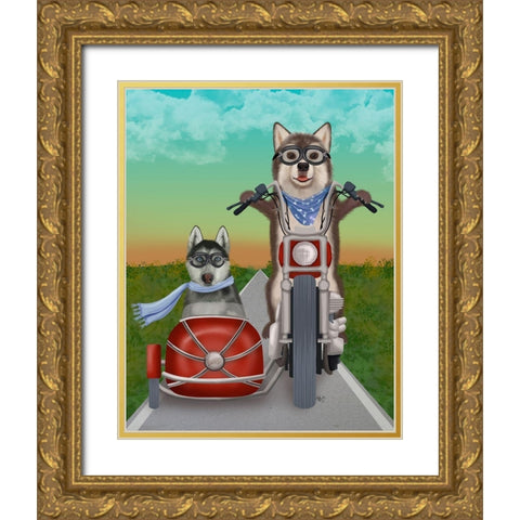 Husky Chopper and Sidecar Gold Ornate Wood Framed Art Print with Double Matting by Fab Funky