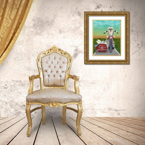 Westie Chopper and Sidecar Gold Ornate Wood Framed Art Print with Double Matting by Fab Funky