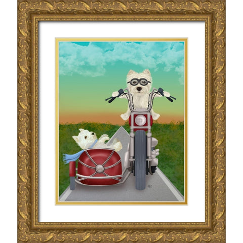 Westie Chopper and Sidecar Gold Ornate Wood Framed Art Print with Double Matting by Fab Funky
